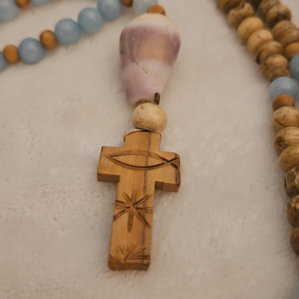 HANDMADE Jasper and Blue Quartz Beaded Shell Olive Wood Cross Prayer Rope - Picture 2 of 12